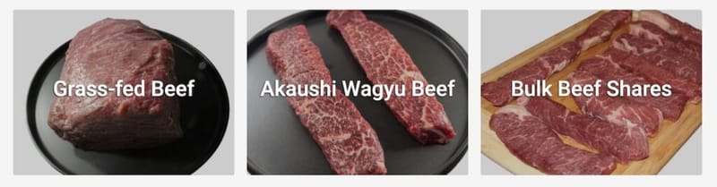 Three cuts of Circle J beef labeled Grass-fed Beef, Akaushi Wagyu Beef, and Bulk Beef Shares.