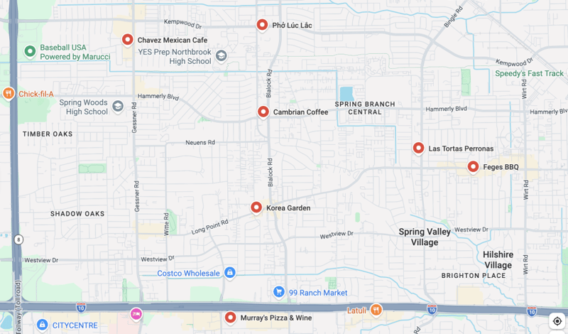 Google Map of Spring Branch, Houston, with pins marking the restaurants on the list.
