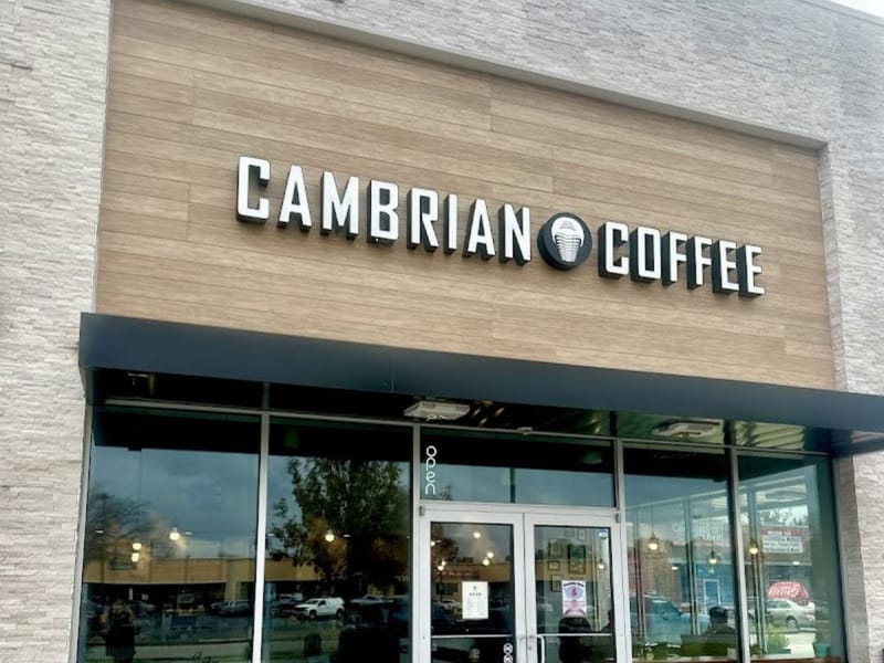 Storefront of Cambrian Coffee in a Spring Branch strip center, with a wood-panel facade, trilobite logo sign, and glass entry doors.